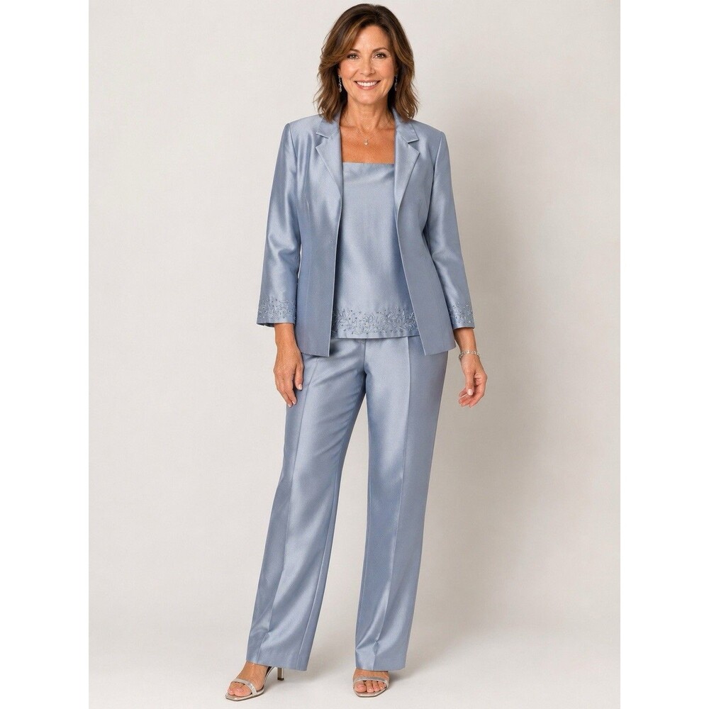 Adrianna Papell 3 Piece Pantsuit Silk Embroidered Light Blue Deadstock Vintage